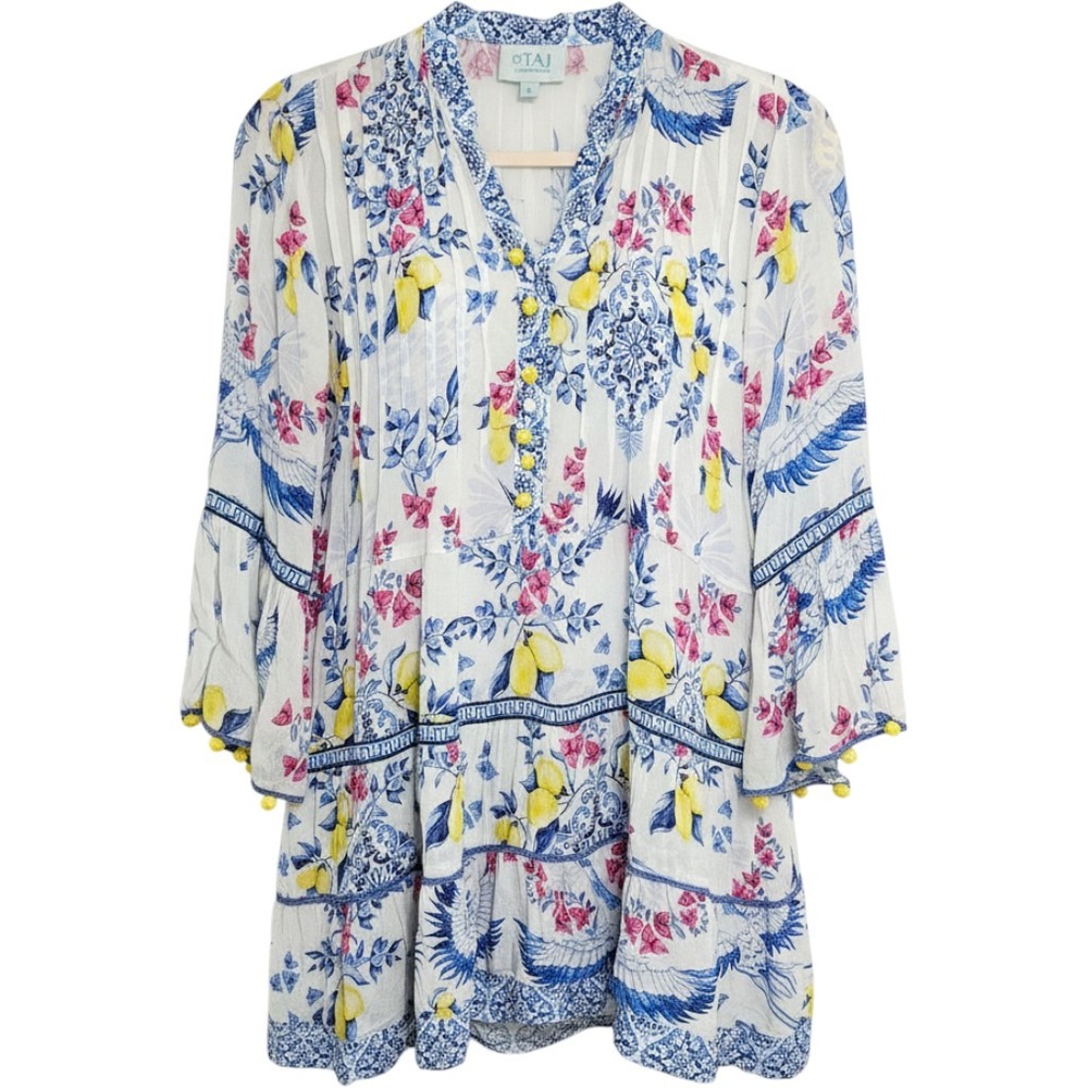 Taj by Sabrina Crippa Lemon Fruit Print Dress Boho Flowy Feminine White Blue L